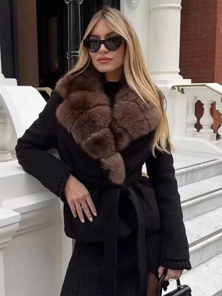 Elegant Faux Fur Woolen Coat Women Shawl Collar Belted Long Sleeve Jacket Coats Female Autumn Winter Fashion Lady New Outerwears