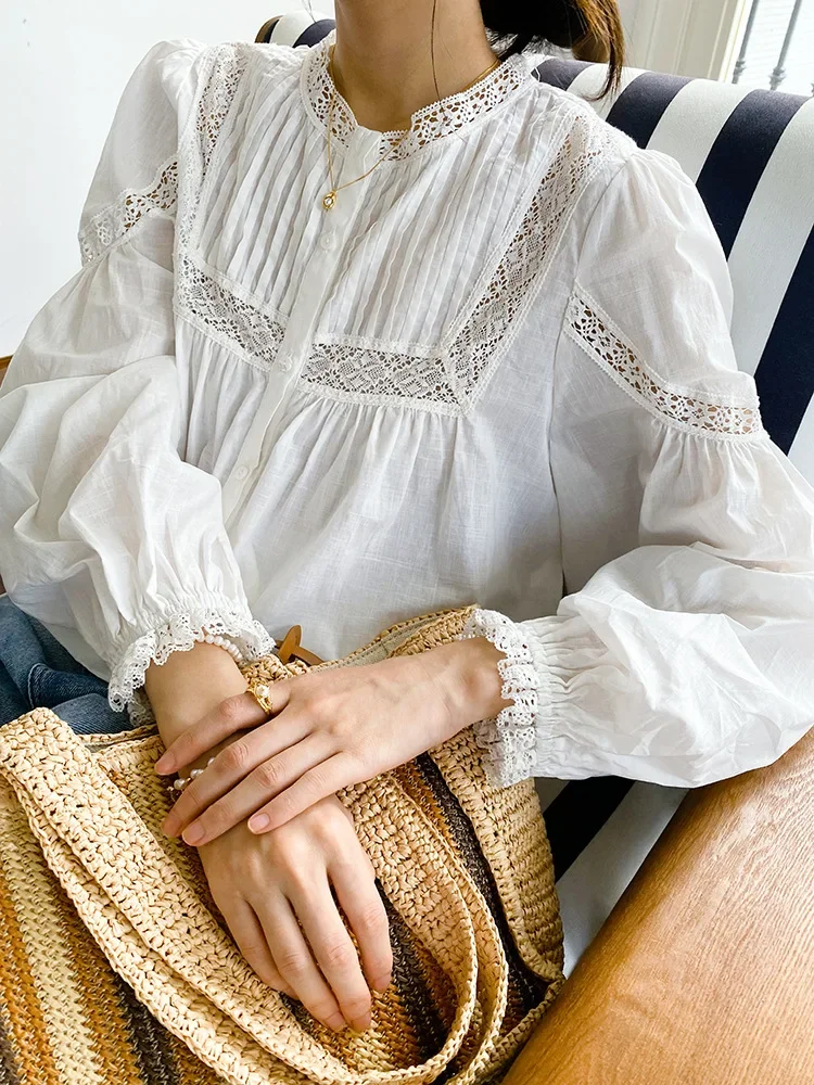 GypsyLady French Elegant Chic Blouse Shirt Cotton Lace Hollow Out