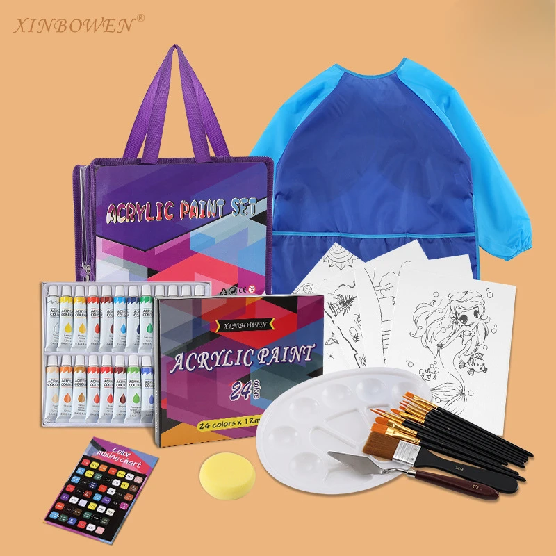 39 Pcs Art Painting Kit Supplies Set for Kids to Party Paint Brushes Acrylic Paints Wood Easels Canvas Panels Palettes Aprons