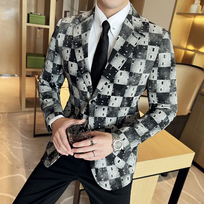 Korean Jacquard Denim Jacket Men Autumn Winter Casual Business Men Blazers Slim Fit Wedding Social Dress Coat Clothing