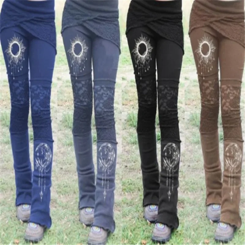 Skinny Skirt Pants Lace Flared Trousers Vintage Women Boho Sun Moon Print  Patchwork Leggings Slim Long Pants Wide Leg Trouser - AliExpress