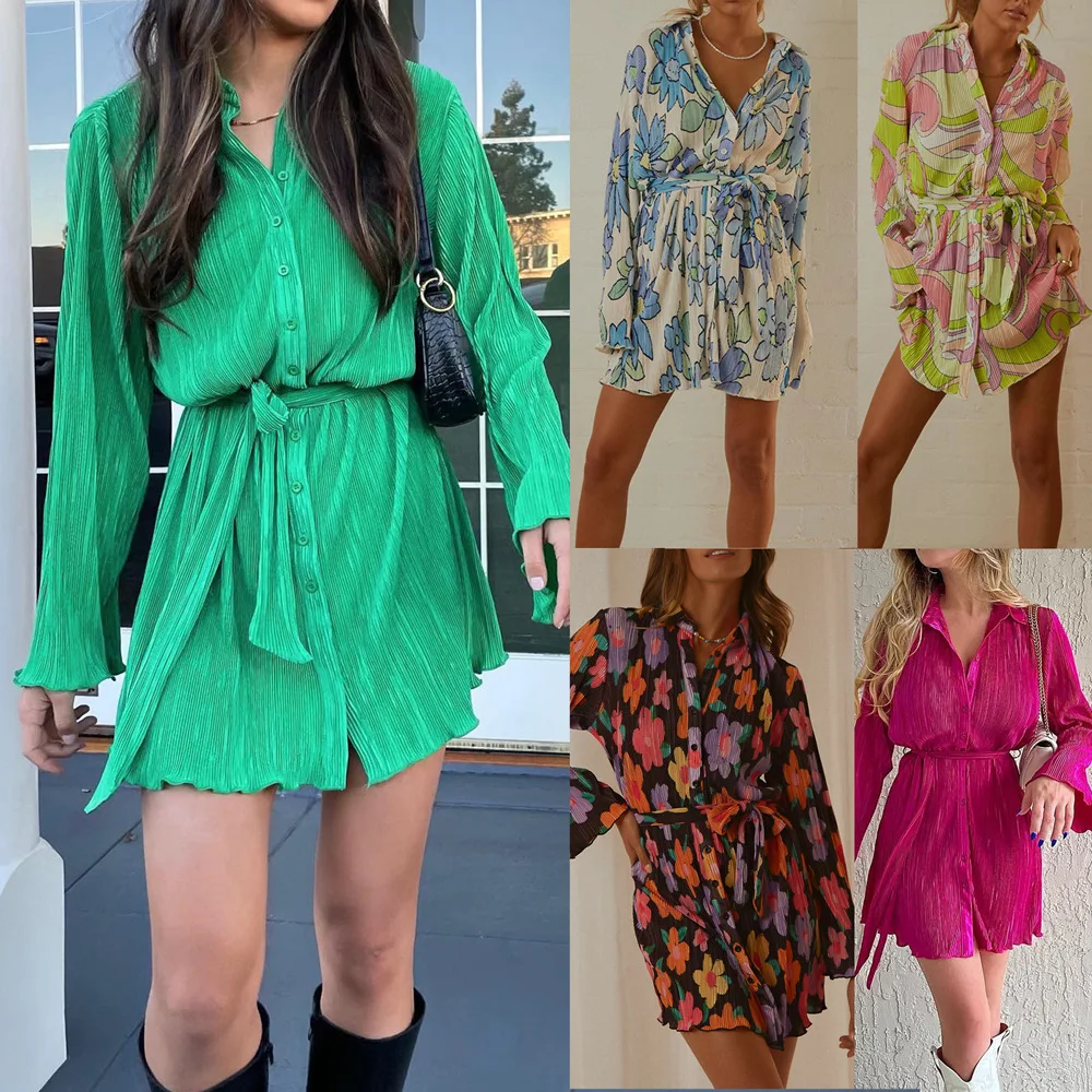 

Europe and the United States women's 2023 autumn dress solid color printed lace-up lapel cardigan long sleeves