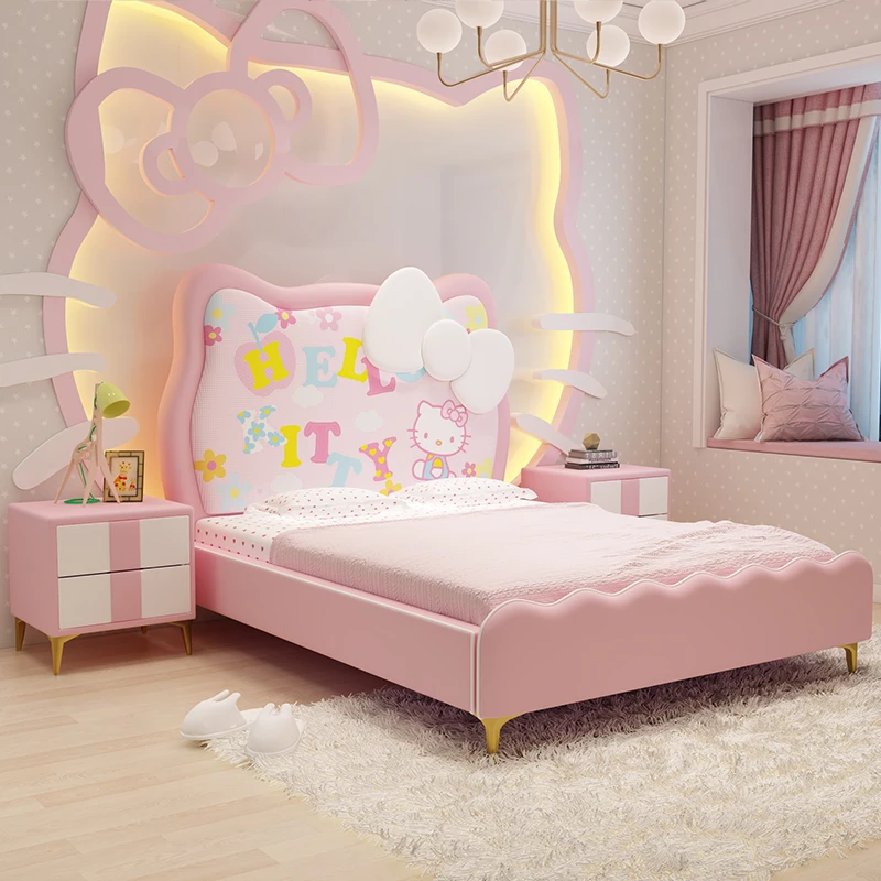 Children's bed girl 1.5 meters luxury cartoon Kitty cat single bed Princess bedroom solid wood leather pink