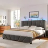 King Size Bed Frame with Velvet Headboard, Platform Bed Featuring Storage Headboard, Charging Station, and LED Lights for Modern 5