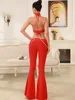 Luxury Women Summer Sexy Cut Out Sleeveless Beading Red Flare Bandage Pants Set 2025 Elegant Evening Club Party Outfits 4