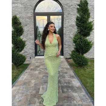 Sansa Customized Green Halter Neck Strapless Prom Dresses Beaded فساتين للمناسبات الخاصة Floor-Length vesti