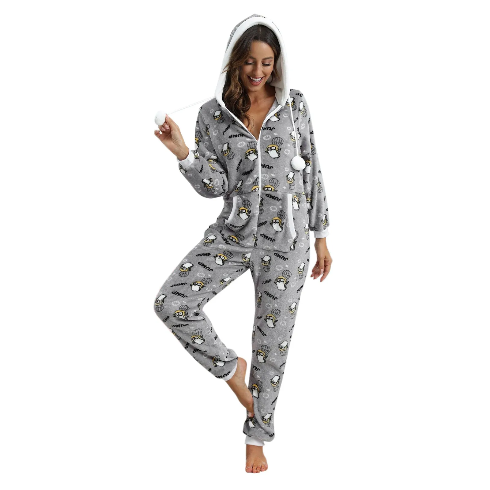 Women's Fleece Pajamas Printing Sleepwear Pajamas Hooded Jumpsuit Rompers Clubwear Nightwear Plush Turtle Neck Long Sleeves