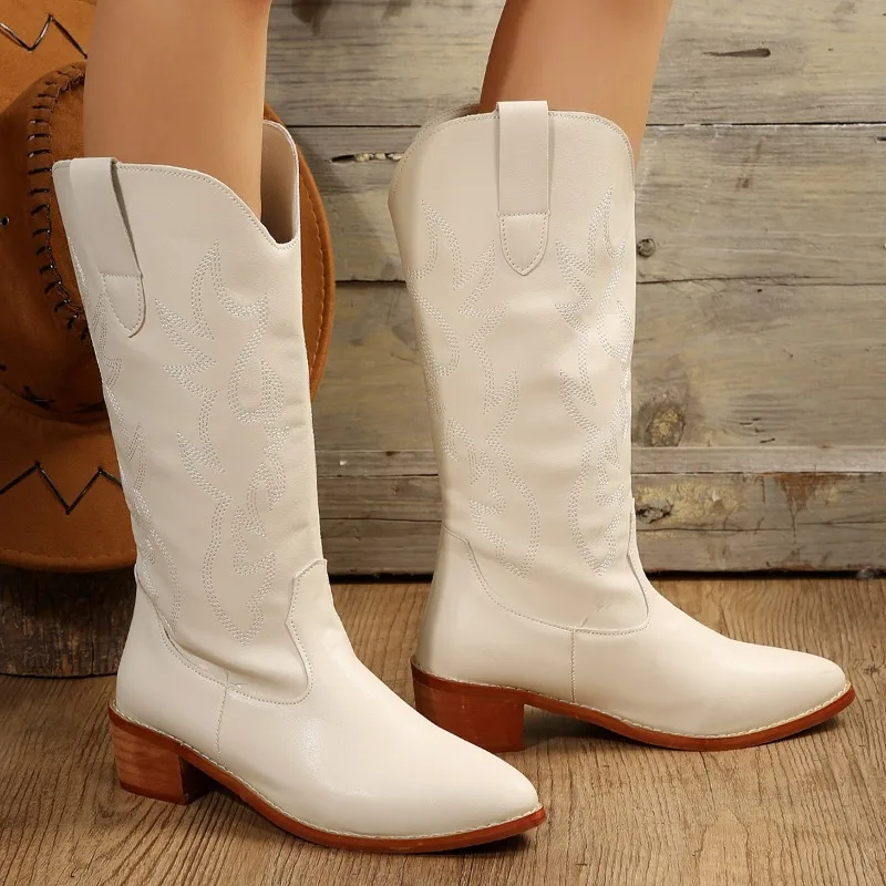 

2023 New Chelsea Women's Boots Retro Embroider Knee High Boots Women Comfy Walking Female Side Zip Western Cowboy Long Boots