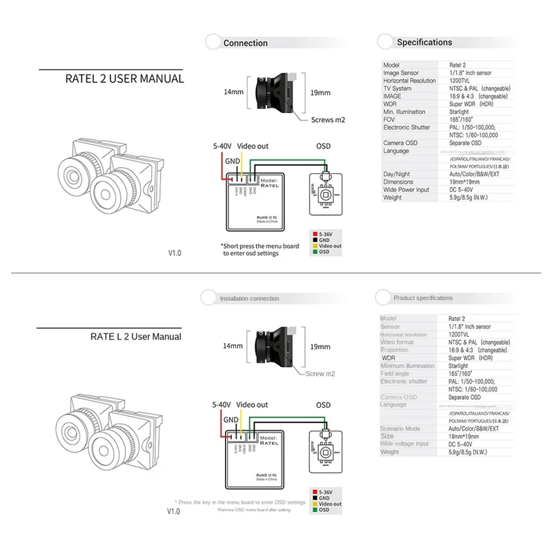 19X19mm For Ratel 2 1/1.8Inch Starlight 1200TVL NTSC PAL 16:9 4:3 Switchable Super WDR FPV Micro-Camera For FPV Racing,A Durable