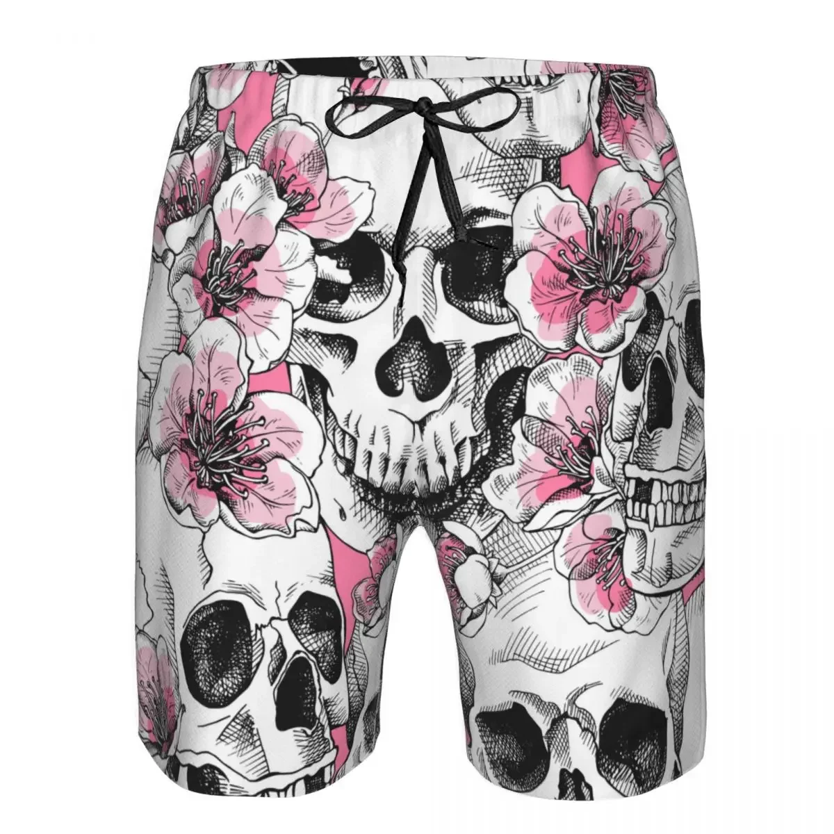 

Summer Men Swimwear Breathable Quick Dry Trunks Skull And Pink Cherry Flowers Beach Shorts for Running Training Surfing