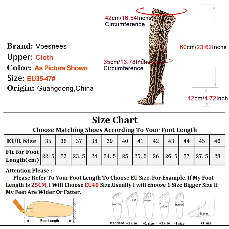 12CM Stiletto Heels Sexy Leopard print Women Pointed Toe Thigh High Boots Plus Size 46 47 Over-the-Knee Long Boots Female Shoes