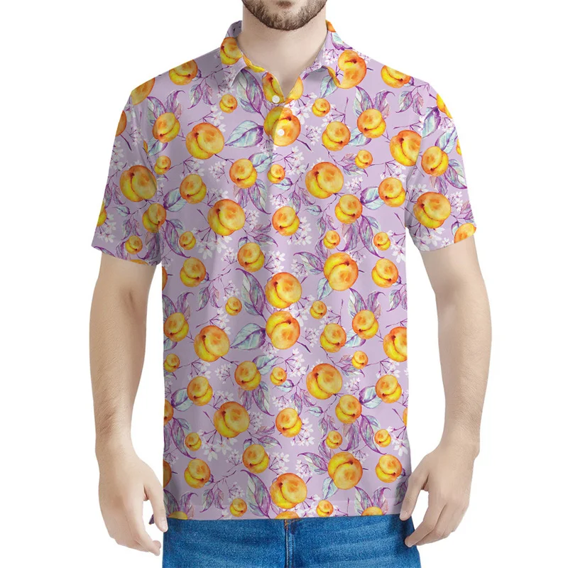 

Cartoon Apricot Graphic Polo Shirt For Men 3d Print Fruits Tee Shirts Tops Button Short Sleeves Casual Street Lapel Blouse