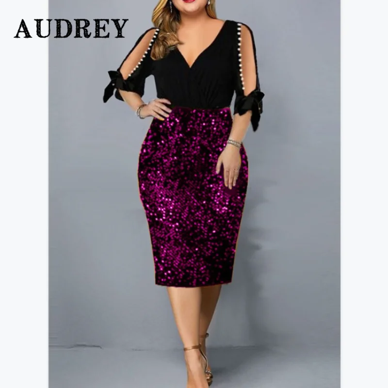 

Elegant Women Glitter Cutout Lace Up Plus Size Evening Party Dress V Neck Luxury Midi Dress Vestidos De Verano Mujer 2022 Robe