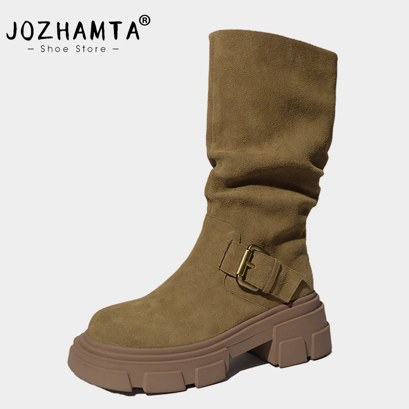 

JOZHAMTA Size 34-39 Women Genuine Leather Boots For Winter Half Short Boots Fashion Thick High Heels Shoes Womans New Boots