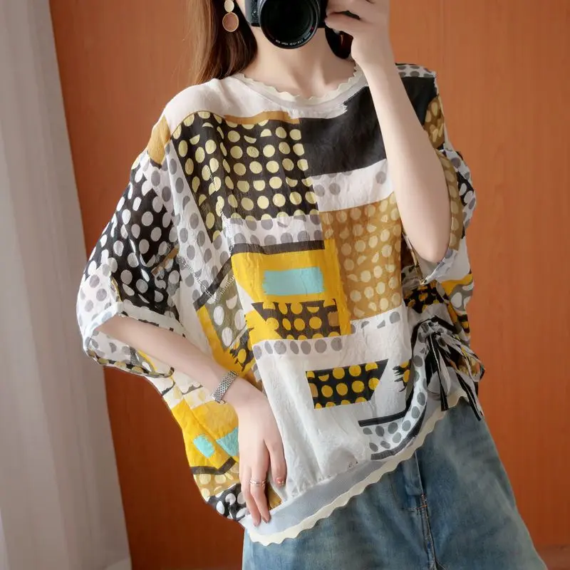 

Summer New Korean Fashion Printing Chiffon Shirt Ladies Loose Casual Lace Patchwork Blouse Women Short Sleeve All-match Tee Top