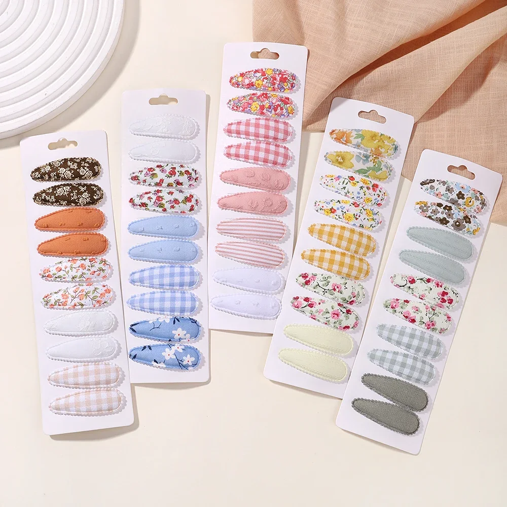 10pcs/set Flower Print Cotton Hair Clips for Baby Kids Fabric Plaid BB Hairpins Todller Hairgripe Headwear Hair Accessories