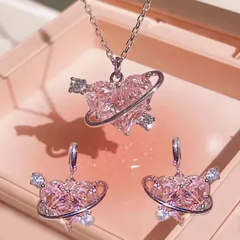 Y2K Crystal Pink Heart Necklac Earring Set Fashion Kpop Shiny Clavicle Chain for Women Girls New Trend Party Gifts Jewelry 2026 1