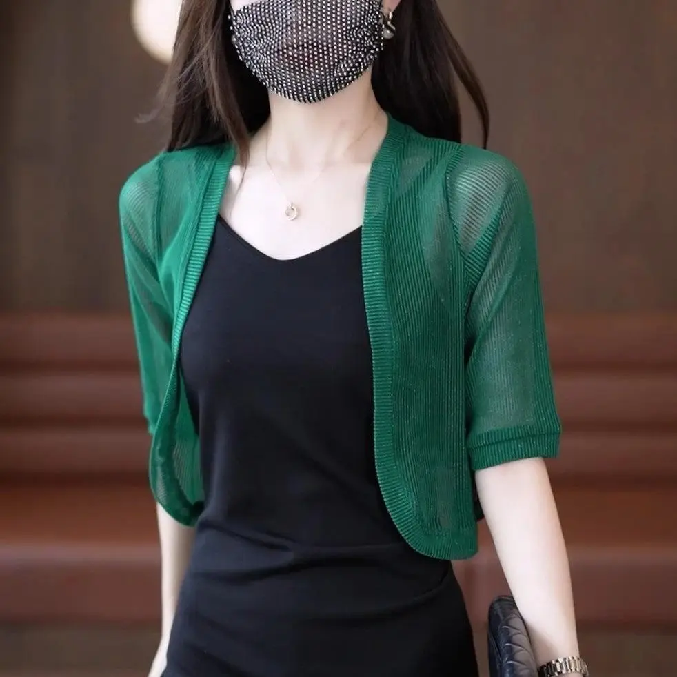 2023 봄 여름 여성 우아한 자른 하프 슬리브 자르기 탑 미니 경량 가디건 어깨 걸이 오픈 프론트 드레이프 가디건