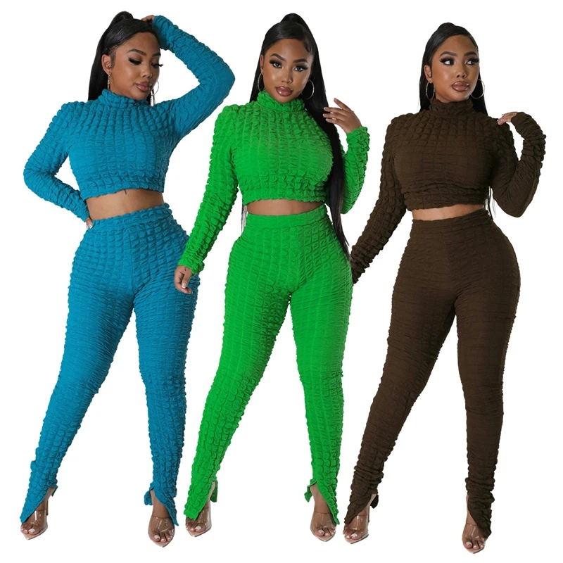 Solid Seersucker Two Piece Set For Women Autumn Long Sleeve Turtleneck Crop Top And Long Skinny Leggings Club Bodycon [fila]seersucker heritage women pajamas dress