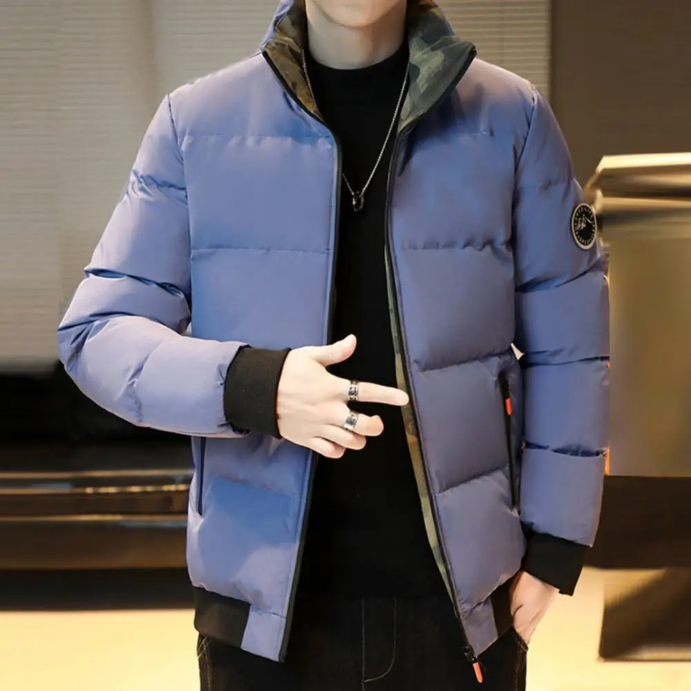 Men Thick Winter Coat Winter Men's Cotton Coat Thick Padded Windproof Warm with Stand Collar Neck Protection Zipper Closure