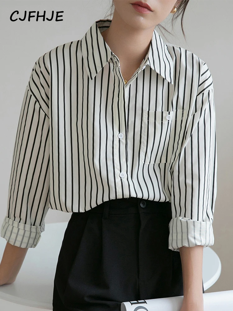 

CJFHJE Stylish Formal Striped Shirts Office Ladies Korean Turn-Down Collar Long Sleeve Button Up Blouse Female New Pocket Tops