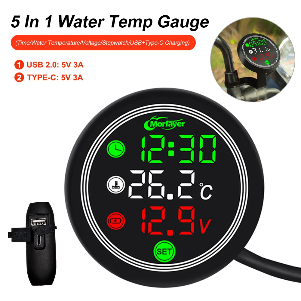 

Motorcycle Clock and Thermometer 9-24V with Digital Display Water Temperature Gauge Voltmeter with USB Output Ports Waterproof