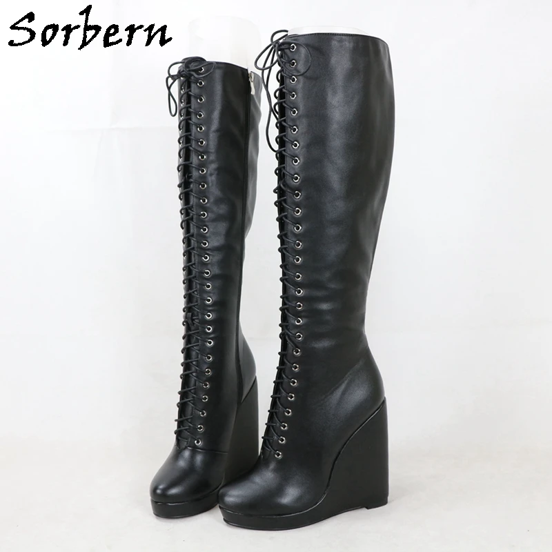 

Sorbern Black Matte Knee High Women Boots 16cm Wedge Platform Round Toe Custom Unisex Style Shoes Drag Queen Crossdresser Boots