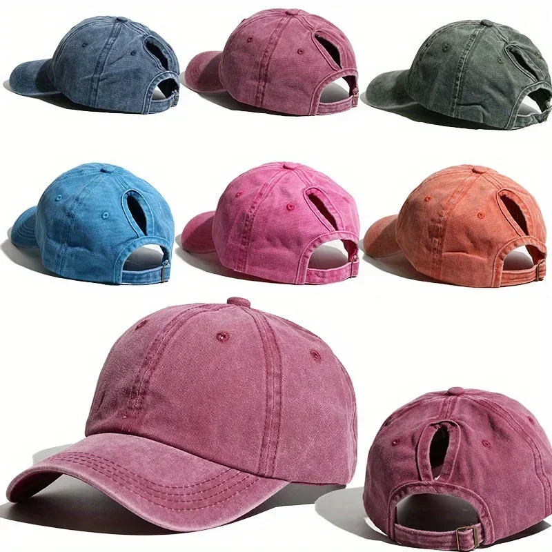 Simple Washed Hole Crossing High Ponytail Hat for Women, Versatile Baseball Cap Soft Top Baseball Cap