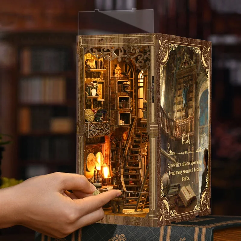 DIY Book Nook Shelf Kit Antique Book Collection Room Wooden Miniature Model Kit Handmade Casa Bookend With Light Bookshelf Gifts 5