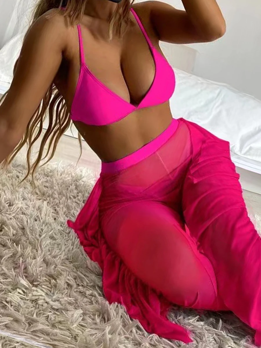 3 Pieces Triangle Bikini 2023 Women Swimsuit With Cover Up Pants Swimwear Bathers Bathing Swimming Suit Female Summer Beachwear