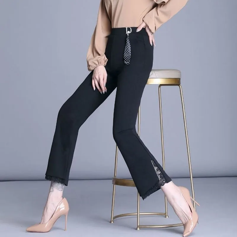Office Lady Elastic High Waist Solid Color Flare Pants Women's Clothing Fashion All-match Lace Spliced Slim Trousers for Female