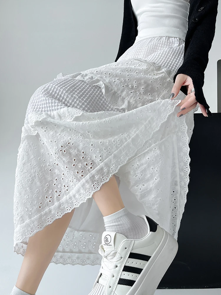 QOERLIN Embroidered White Lace Skirts Long Maxi Hollow Out Ruffles A-Line Skirt Female 2024 New Korean Fashion Elastic Waist kbq spliced ruffles denim mopping pants for women high waist patchwork pocket hit color loose casual wide leg jeans female new