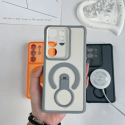 Shockproof Armor Matte Magnetic Case with Handheld Grip Stand Cover - Galaxy S23 Ultra (Gray)