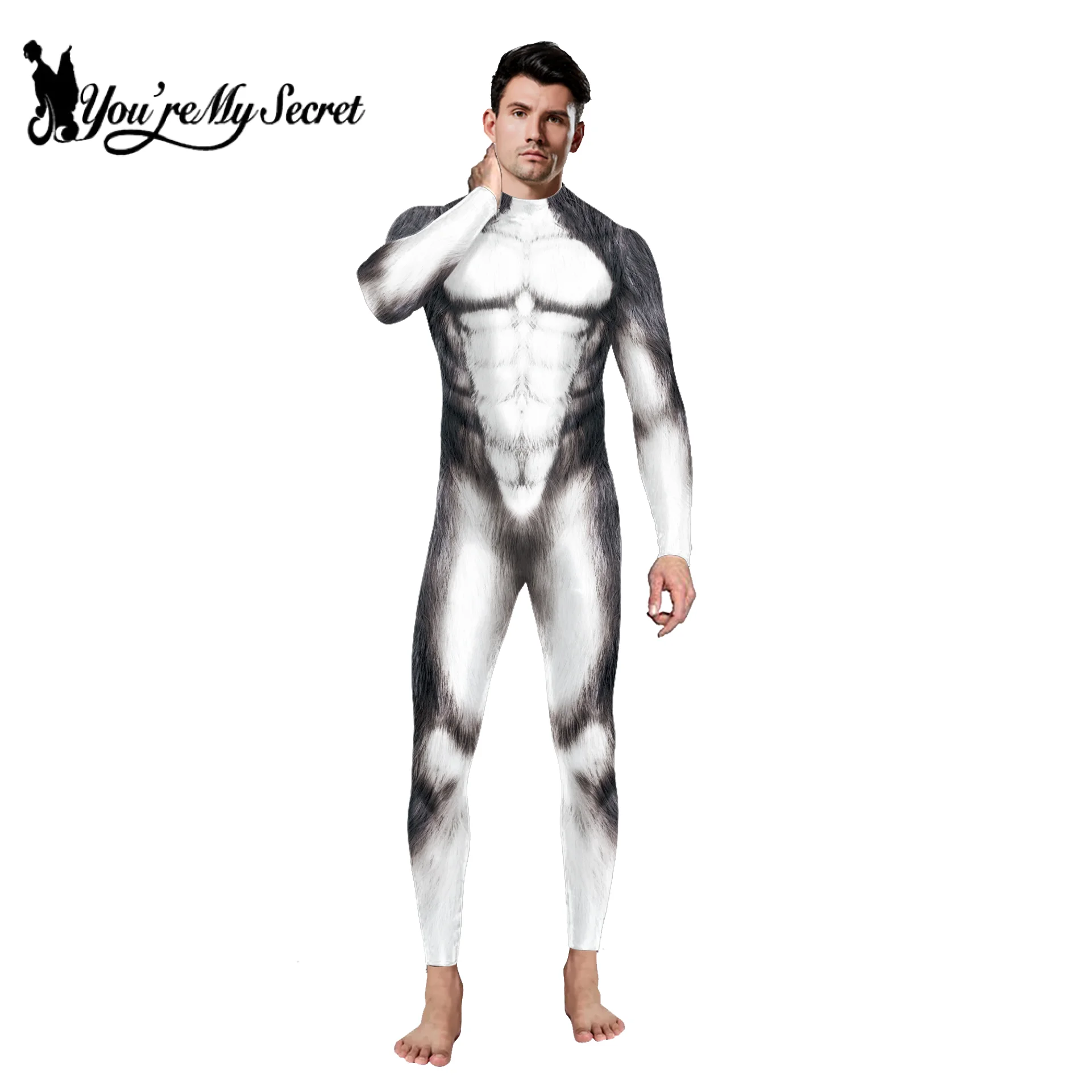 [You're My Secret] Animal Husky Fox Wolf Printed Cosplay Costume Halloween Party Zentai Jumpsuit for Adult Boys Male Bodysuits for cosplay costume