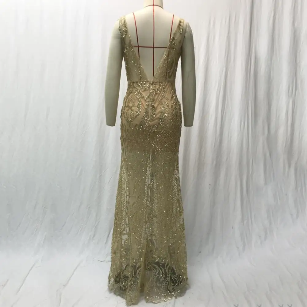 

Sequined Evening Gown Elegant Sequin Fishtail Evening Gown with V Neck Backless Design for Prom Party Events V-neck Long Dress