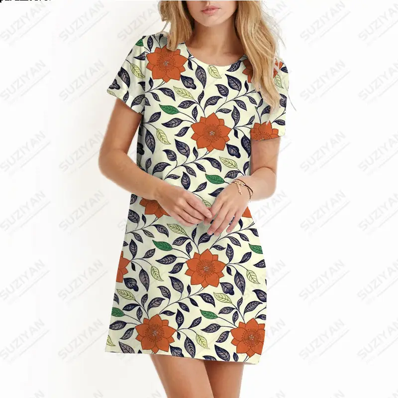 

2023 New Women's Loose A-line Dress Vest Retro Women's Summer Sun Dress Casual Short Sleeve O-Neck Floral 3D Print miniskirt