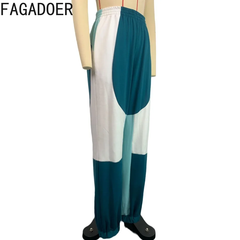 FAGADOER Green Fashion Patchwork Color Jogger Pants Women High Waisted Elastic Pocket Trousers Female Sporty Matching Bottoms