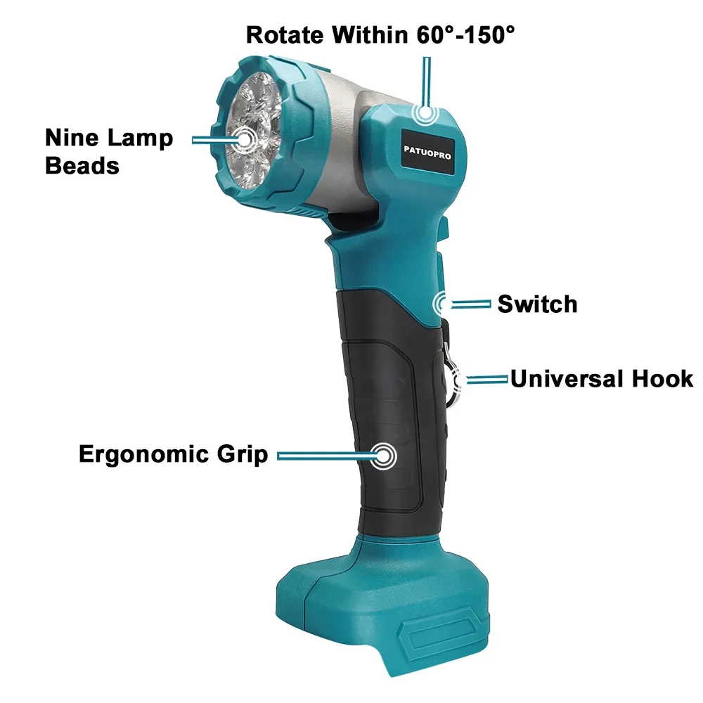 9 Beads Cordless LED Light USB+Type C Base 60-150&deg; Foldable Spotlight Lantern Portable Flashlight For Makita 18V Battery