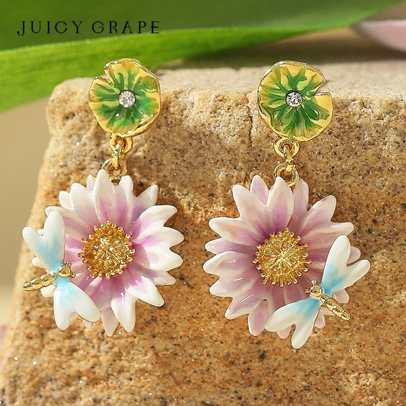 

Enamel Lotus Flower Dangle Earring for Women 925 Silver Pin 18K Gold Plated Handmade 2024 New Fashion Earring