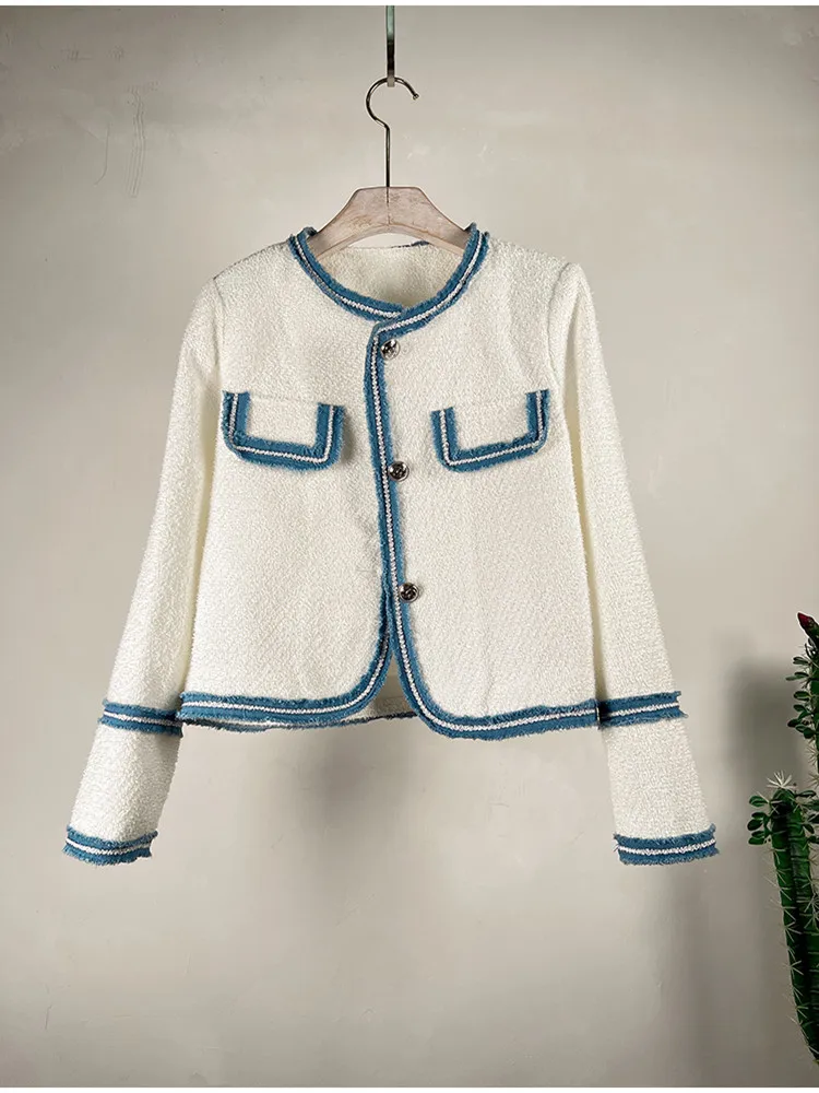 

DALMAZZO Spring Designer Tweed Woolen Small Fragrance Short Jacket Coat Women Single Breasted Patchwork French Outerwear Female