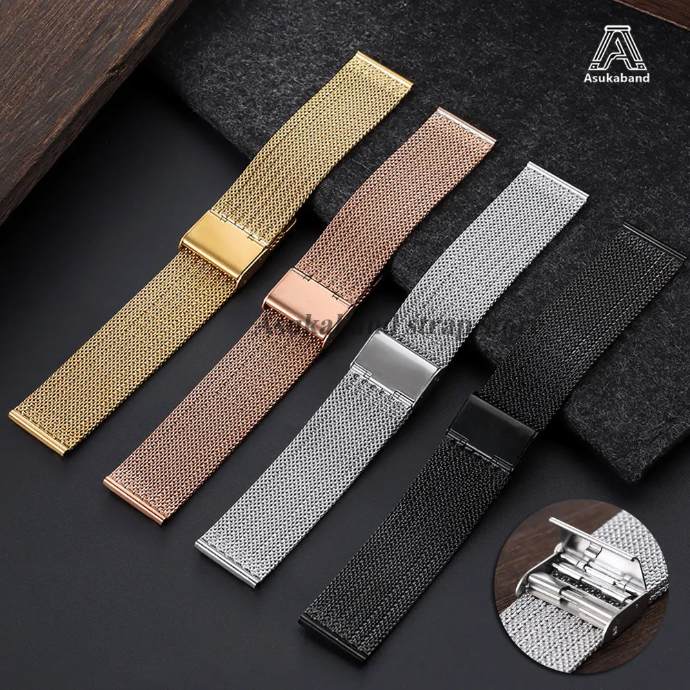Elegant Gold Milanese Stainless Steel Mesh Strap Bracelet - Universal Fit for 18mm, 20mm, 22mm Watches