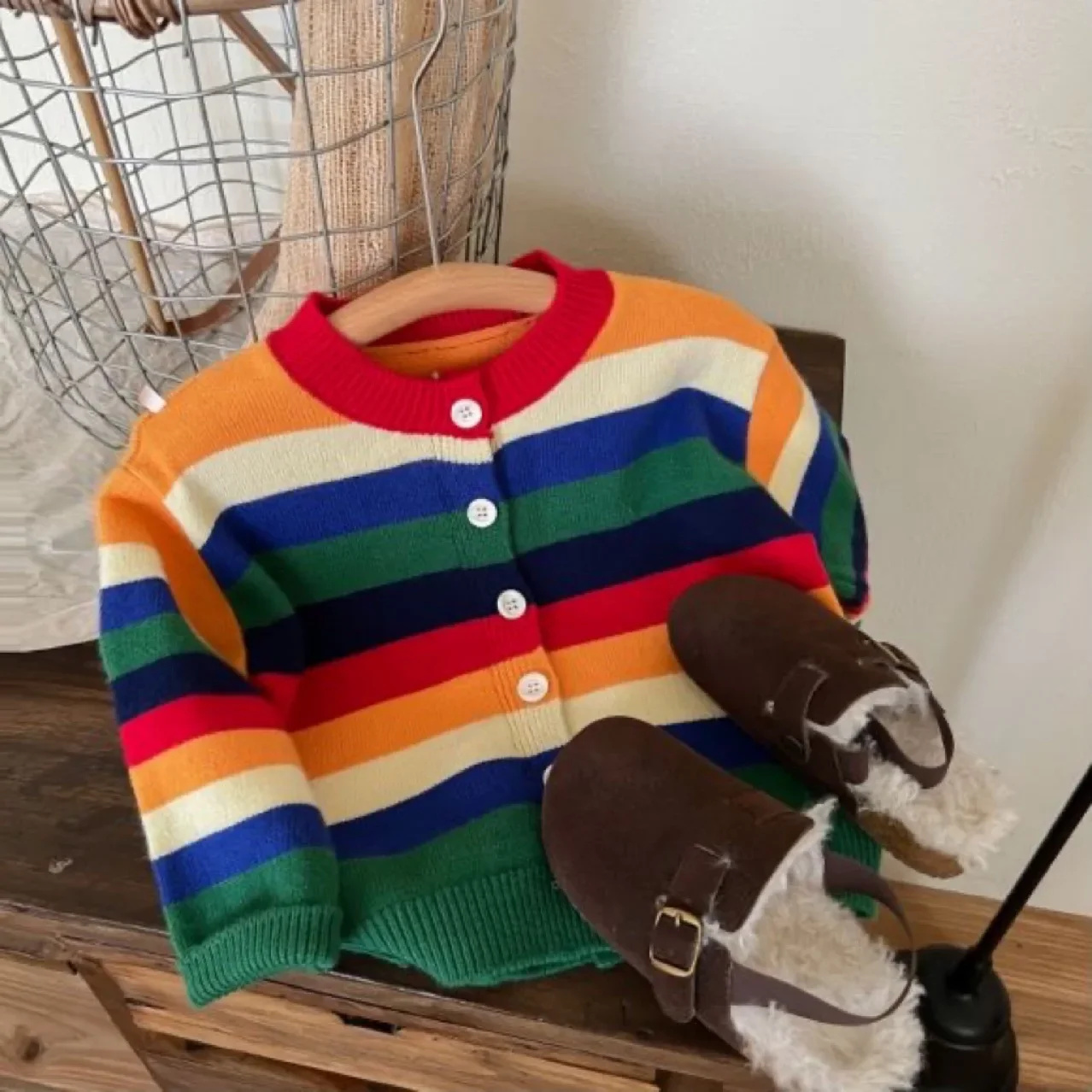 Autumn Winter Children Rainbow Sweater Kids Knit Cardigan Baby Girls Knitted Jacket Fashion Korean Boys Jumper Coat Knitwear