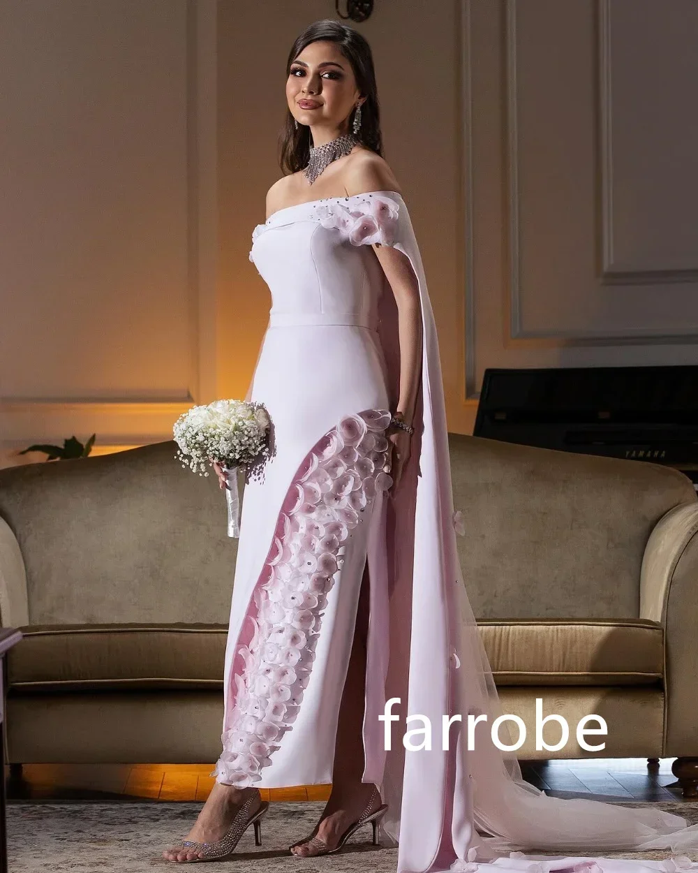 Prom Dress Customized Jersey Pleat Flower A-line Off-the-shoulder Midi