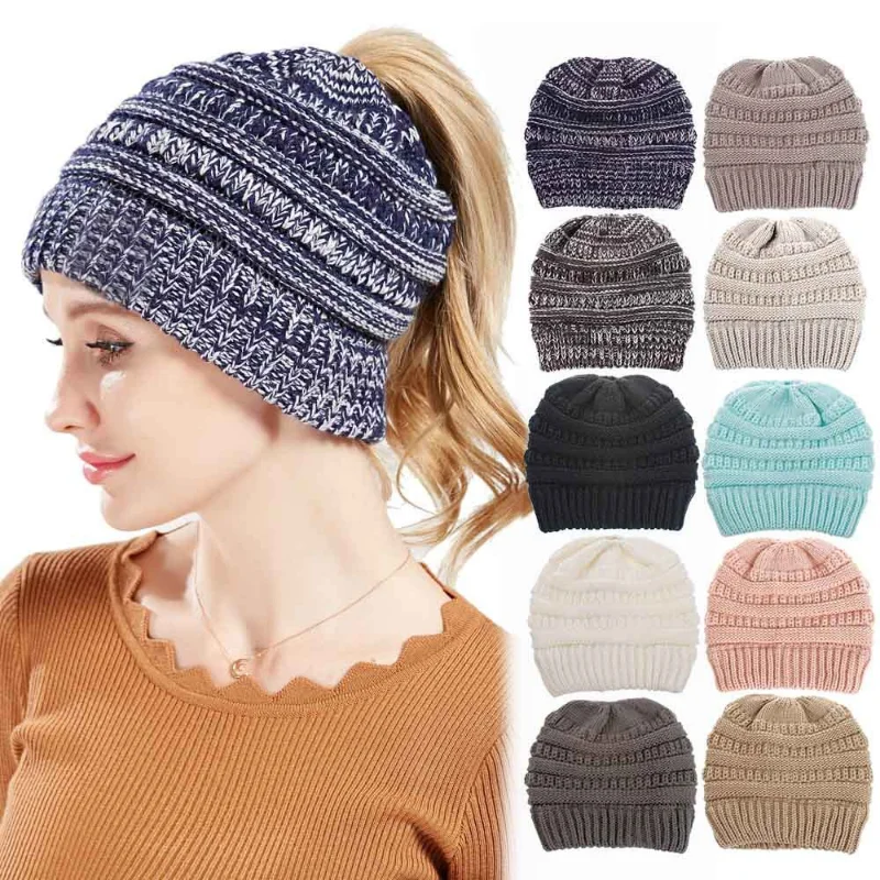 Berretto invernale da donna con foro superiore per palla da donna, berretto lavorato a maglia, cappello spesso da donna, berretti in maglia con teschio da donna_voghion.com