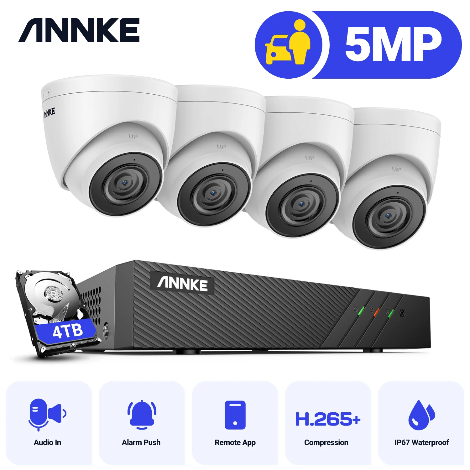 ANNKE 5MP H.265+ Super HD PoE Network Video Security System 4pcs Waterproof Outdoor POE IP Cameras White Dome PoE Camera Kit