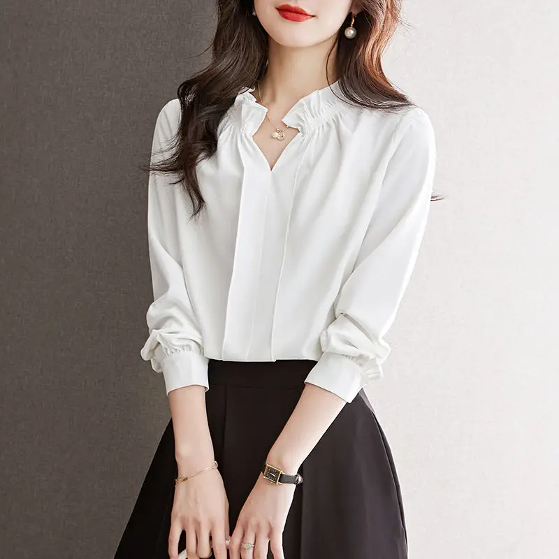 Women's Spring Korean New V-neck Pullover Chiffon Shirt Commuter Fashion Solid Ruffle Edge Casual Versatile Long Sleeved Tops