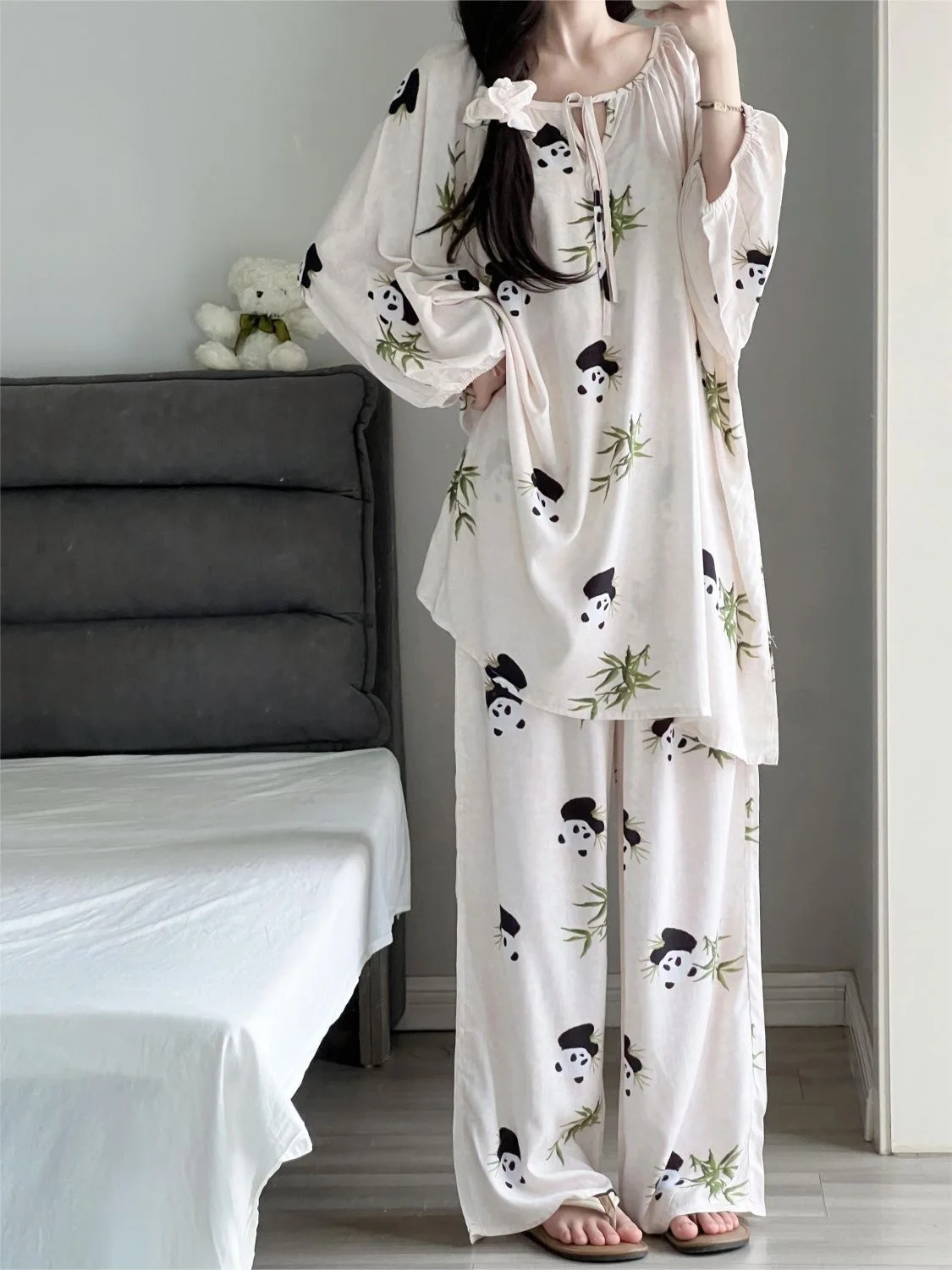 Popular pajama women's cartoon panda leopard print imitation cotton spring and autumn style new plus size home suit set