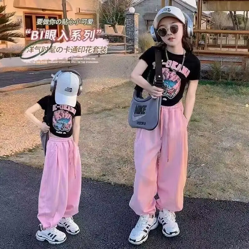 Girls Clothing Set Teenager Summer Girls Clothes Midriff Street Suit Crop Top T Shirt + Pant