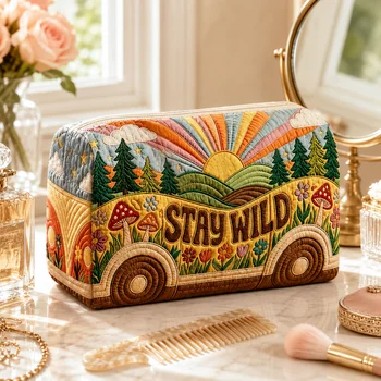 Borsa per cosmetici Boho Stay Wild Camper Van, pochette per trucchi con cerniera e stampa trapuntata per donna, organizer da viaggio per articoli da toeletta