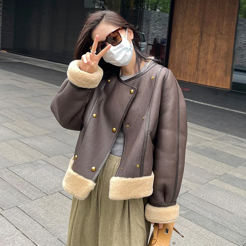Lady Wool Shearling Leather Jackets Genuine Sheepskin Short Coat Luxury Fashion Overcoat Streetwear 2022 New Winter MH5045L